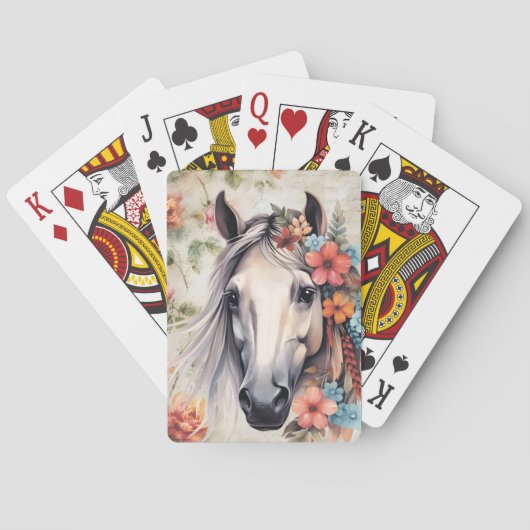 Weißes Pferd in Blumen. Spielkarten (Rückseite)