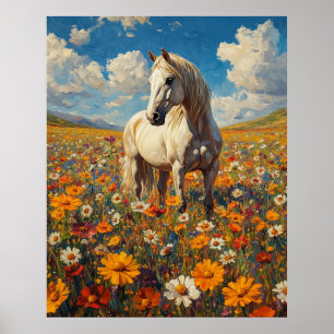 Weißes Pferd in einer Wildblütensymphonie Poster