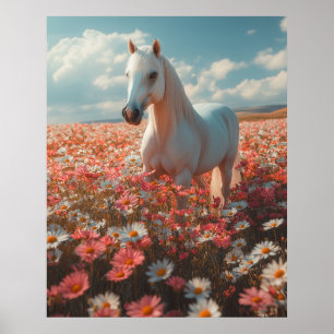 Weißes Pferd inmitten einer blühenden Wiese Poster