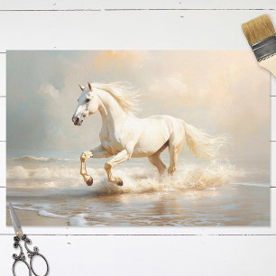 Weißes Pferd läuft am Strand Decoupage Seidenpapier