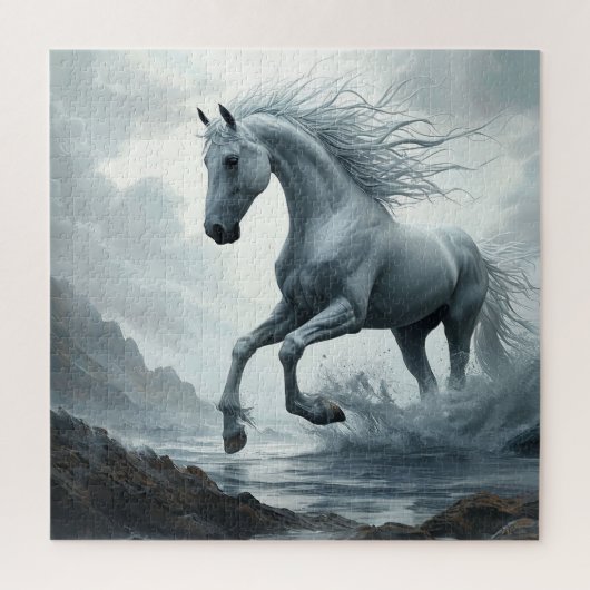 Weißes Pferd läuft durch Wasser Puzzle (Vertikal)