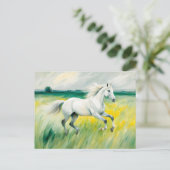 Weißes Pferd läuft über die Wiese Postkarte (Stehend Vorderseite)