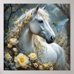 🐎 Weißes Pferd Libelle Und Weißer Rosen Traum Poster