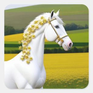 Weißes Pferd mit Blumengirlande Quadratischer Aufkleber
