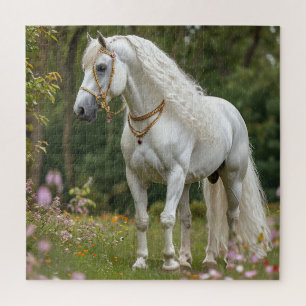 Weißes Pferd mit fließender Mähne Puzzle