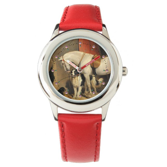Weißes Pferd mit Hunden Armbanduhr (Vorderseite)