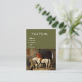 Weißes Pferd mit Hunden, grün Visitenkarte (Stehend Vorderseite)