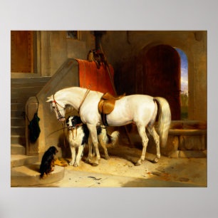WEIßES PFERD MIT HUNDEN UND FALKEN IM STALL POSTER