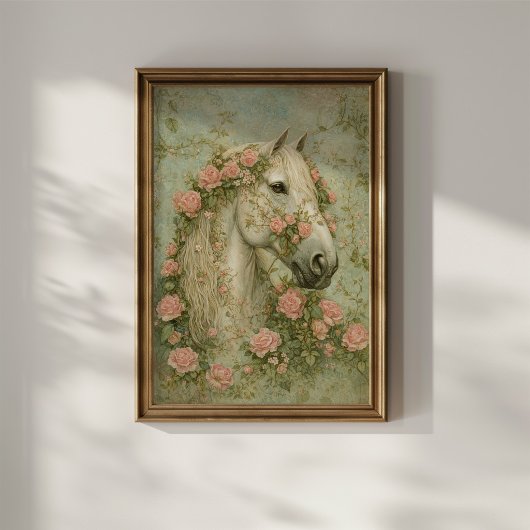 Weißes Pferd mit Rosen Poster