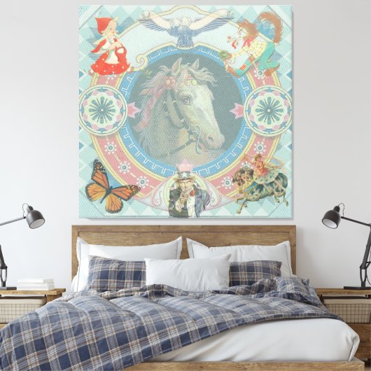 Weißes Pferd mit Zirkus-Storybook-Ikonen Leinwanddruck (Insitu (Schlafzimmer))