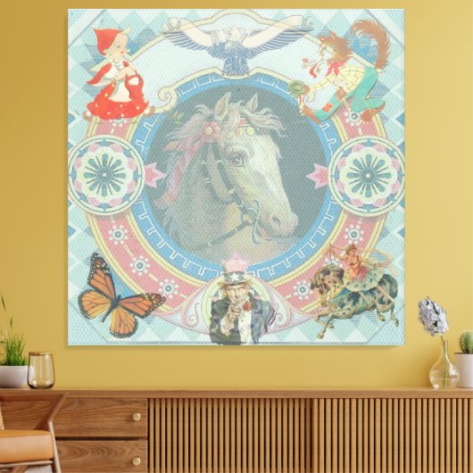 Weißes Pferd mit Zirkus-Storybook-Ikonen Leinwanddruck (Insitu (Wohnzimmer))