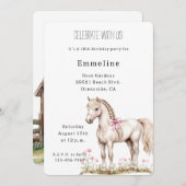 Weißes Pferd Pink Bow Floral Geburtstag Einladung (Vorne/Hinten)
