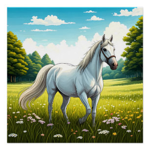 Weißes Pferd stehend auf einem Grasfeld Poster