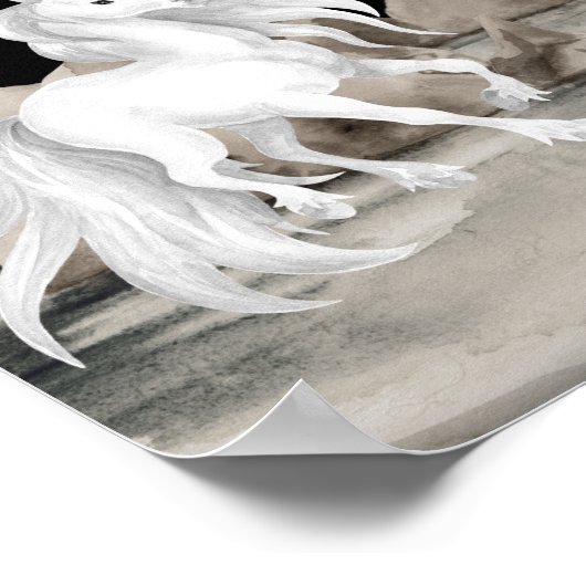 Weißes Pferd und Mädchen mit Herz Vollmond Strand Poster (Ecke)