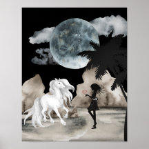 Weißes Pferd und Mädchen mit Herz Vollmond Strand