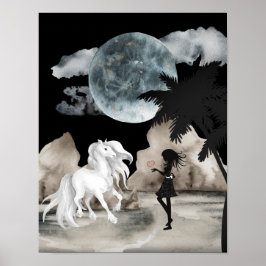 Weißes Pferd und Mädchen mit Herz Vollmond Strand Poster