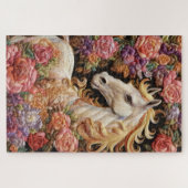 Weißes Pferd und Rose Stickerei Puzzle (Horizontal)