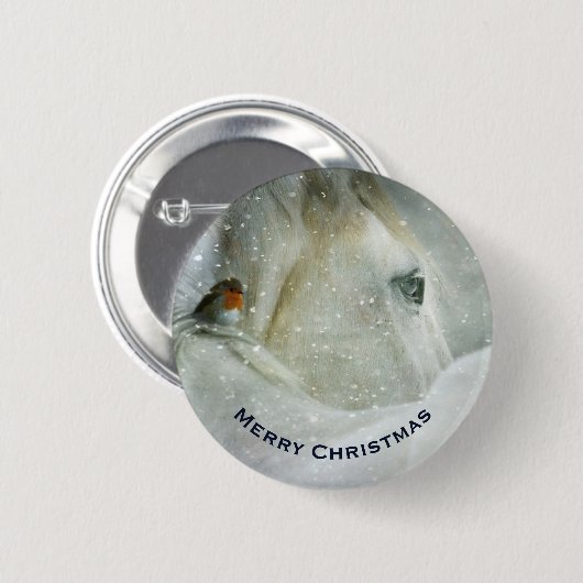 Weißes Pferd & Vogel im Winter Schneefall Weihnach Button (Vorne & Hinten)