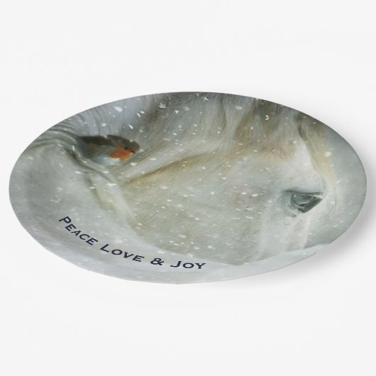 Weißes Pferd & Vogel im Winter Schneefall Weihnach Pappteller (Schrägansicht)