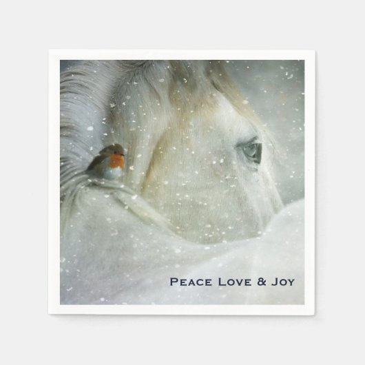Weißes Pferd & Vogel im Winter Schneefall Weihnach Serviette (Vorderseite)