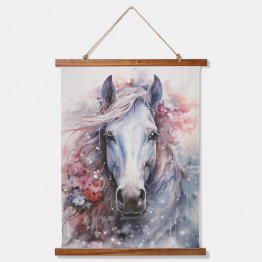 Weißes Pferd Wandteppich Mit Holzrahmen (Vorderseite)