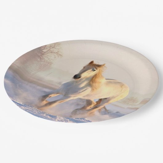 Weißes Pferd, weißer Schnee Pappteller (Schrägansicht)