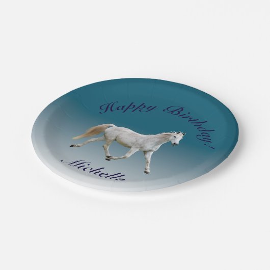 Weißes Pferdegeburtstags-Teller Pappteller (Schrägansicht)