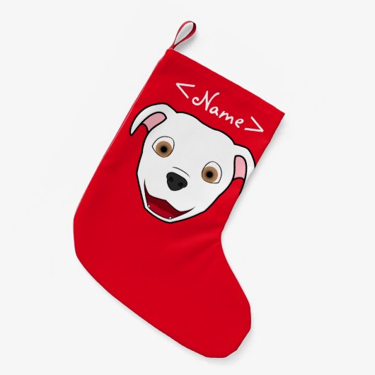 Weißes Pitbull stellen gegenüber Kleiner Weihnachtsstrumpf (Vorderansicht (hängend))