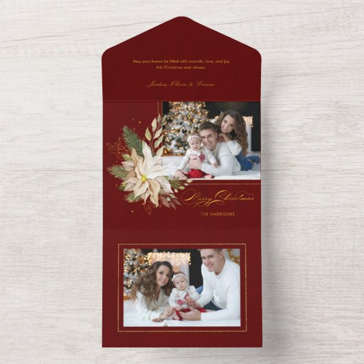 Weißes Poinsettia, Goldgrün Kalligrafisches Foto All In One Einladung (Innen Boden)