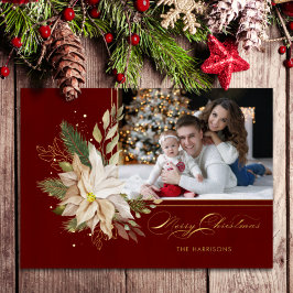 Weißes Poinsettia, Goldgrün Kalligrafisches Foto Folien Feiertagskarte