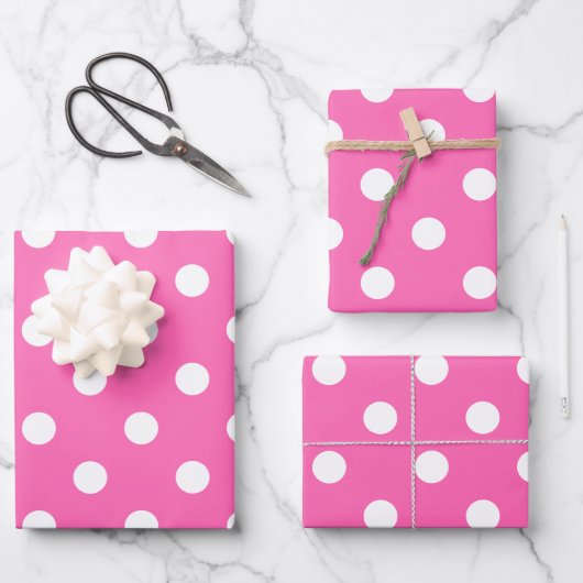 Weißes Polka-Dot-Muster auf heiß rosa Geschenkpapier Set (Vorderseite)