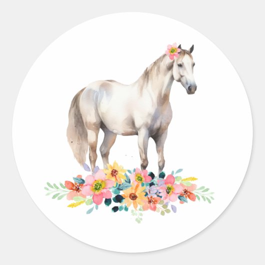 Weißes Pony Floral Watercolor Pferd Runder Aufkleber (Vorderseite)