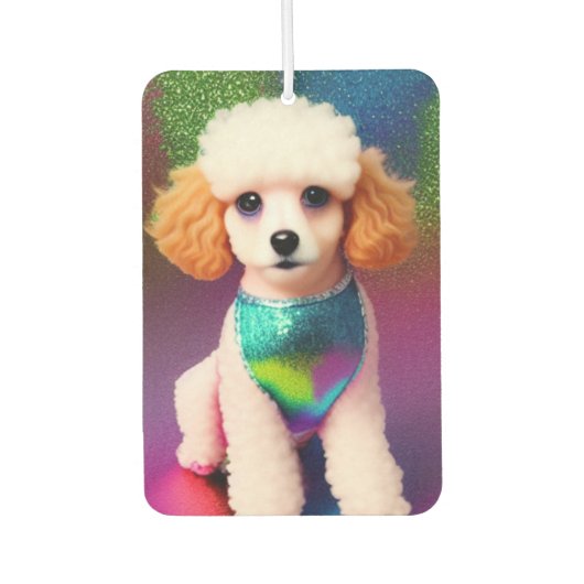 Weißes Poodle mit Cremeohren auf Regenbogenfunkel Autolufterfrischer (Vorderseite)