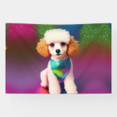 Weißes Poodle mit Cremeohren auf Regenbogenfunkel Banner (Horizontal)