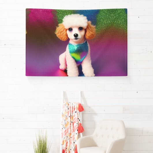 Weißes Poodle mit Cremeohren auf Regenbogenfunkel Banner (InSitu)