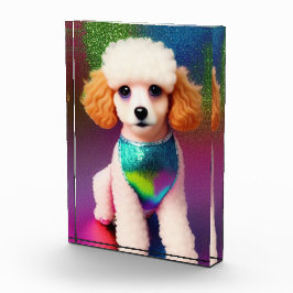 Weißes Poodle mit Cremeohren auf Regenbogenfunkel Fotoblock