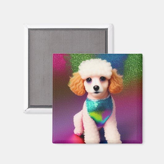 Weißes Poodle mit Cremeohren auf Regenbogenfunkel Magnet (Vorderseite/Rückseite)