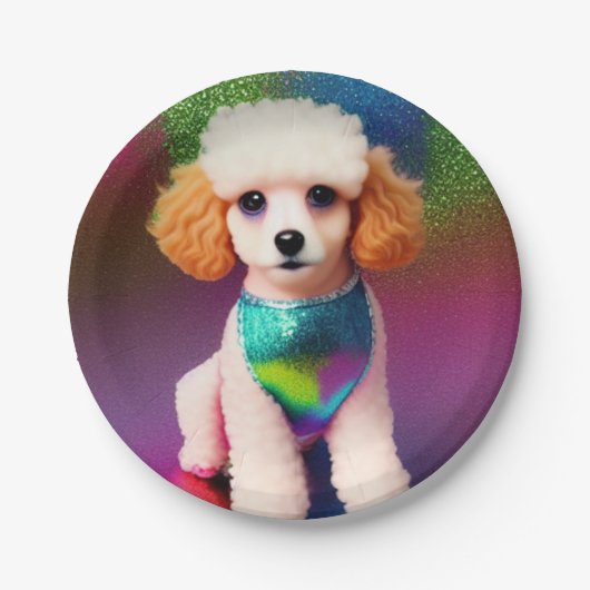 Weißes Poodle mit Cremeohren auf Regenbogenfunkel Pappteller (Vorderseite)