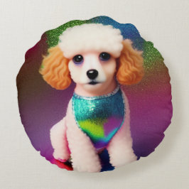 Weißes Poodle mit Cremeohren auf Regenbogenfunkel Rundes Kissen
