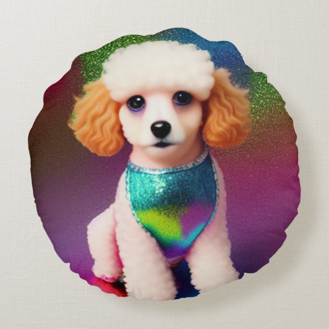 Weißes Poodle mit Cremeohren auf Regenbogenfunkel Rundes Kissen (Rückseite)