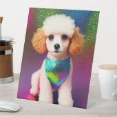 Weißes Poodle mit Cremeohren auf Regenbogenfunkel Sockelschild (In Situ)