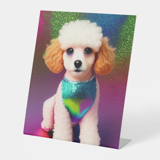 Weißes Poodle mit Cremeohren auf Regenbogenfunkel Sockelschild (Vorderseite)