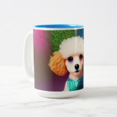 Weißes Poodle mit Cremeohren auf Regenbogenfunkel Zweifarbige Tasse (Vorderseite Links)