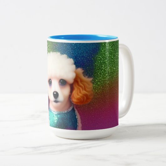 Weißes Poodle mit Cremeohren auf Regenbogenfunkel Zweifarbige Tasse (VorderseiteRechts)
