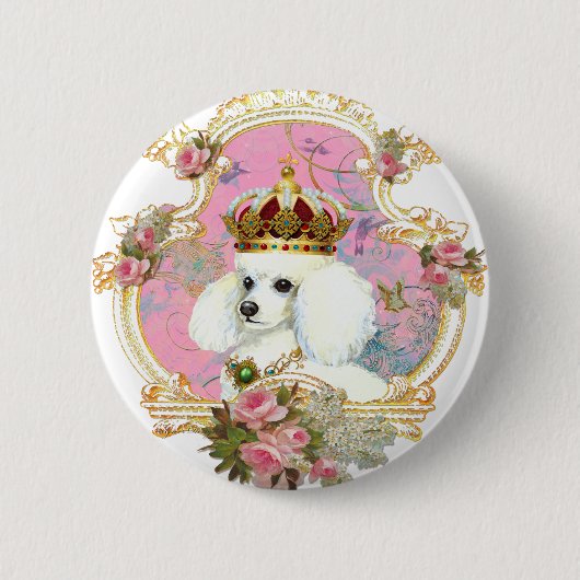weißes Poodle wi rosa roses gold für fini clr bkgr Button (Vorderseite)