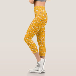 Weißes Posy-Print auf Gold Capri Leggings