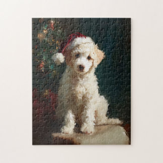 Weißes Pudel-Welpen-Weihnachtsbild Puzzle