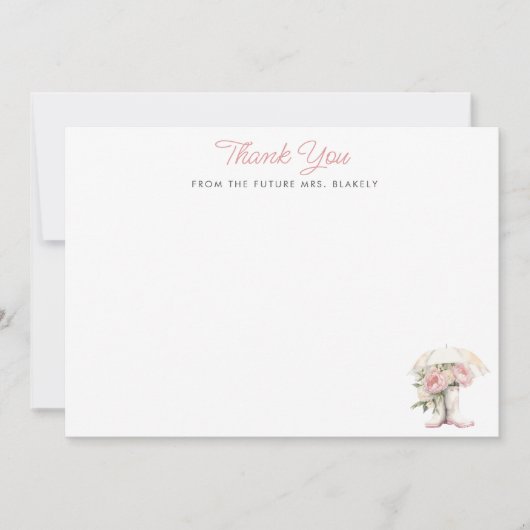 Weißes Regenboot und rosafarbene Erdnüsse flaches Dankeskarte (Vorderseite)