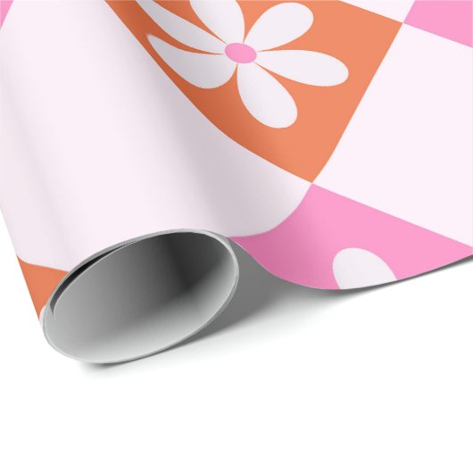 Weißes Retro-Blume auf orangefarbenen und rosa Dia Geschenkpapier (Rolleneckpunkt)