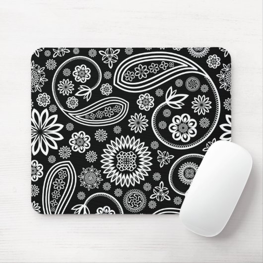 Weißes Retro-Blumendesign auf schwarz Mousepad (Mit Mouse)